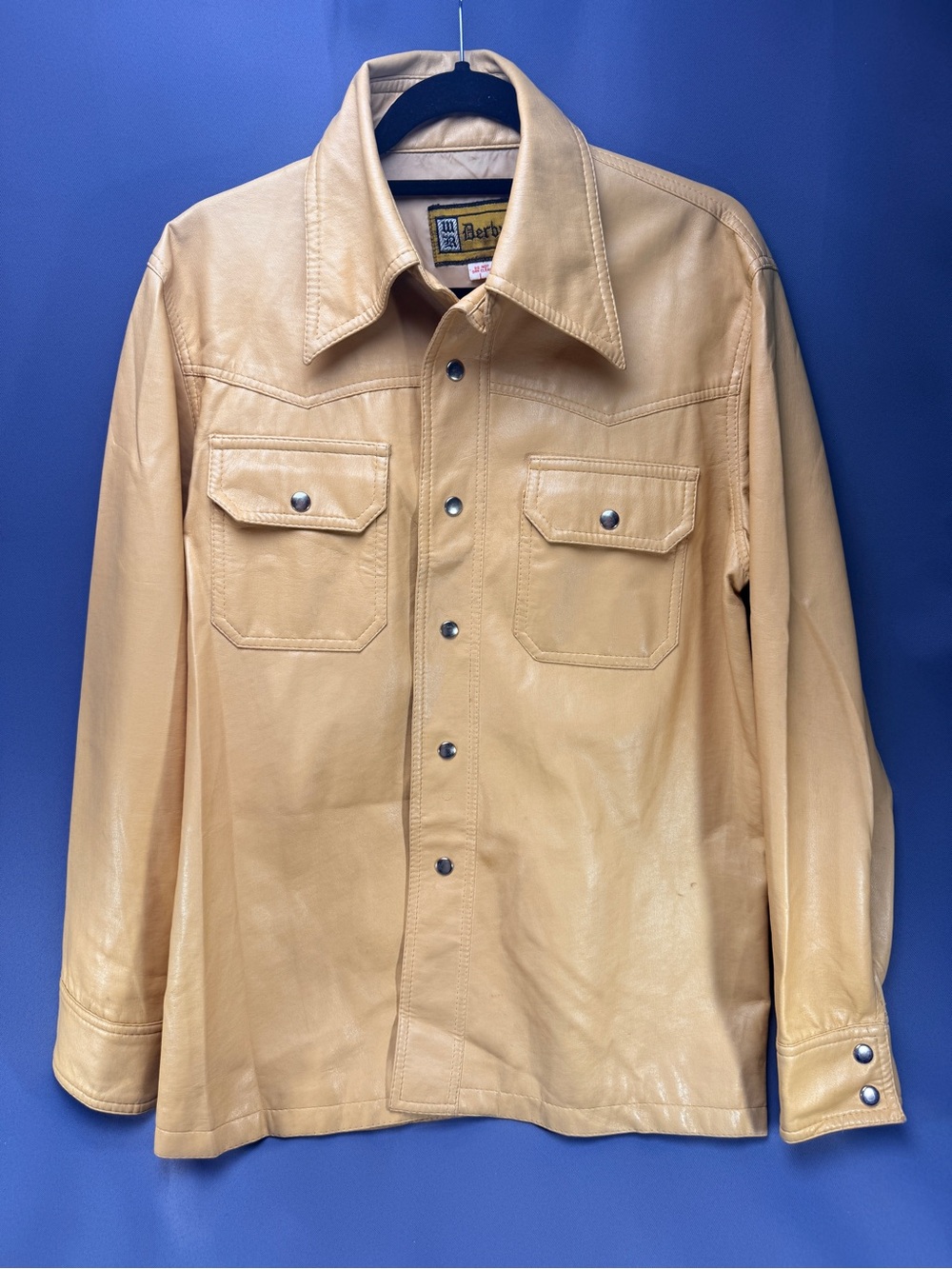 Vtg 70s Derby of San Francisco Faux Leather Western Shirt Jacket Dagger Collar